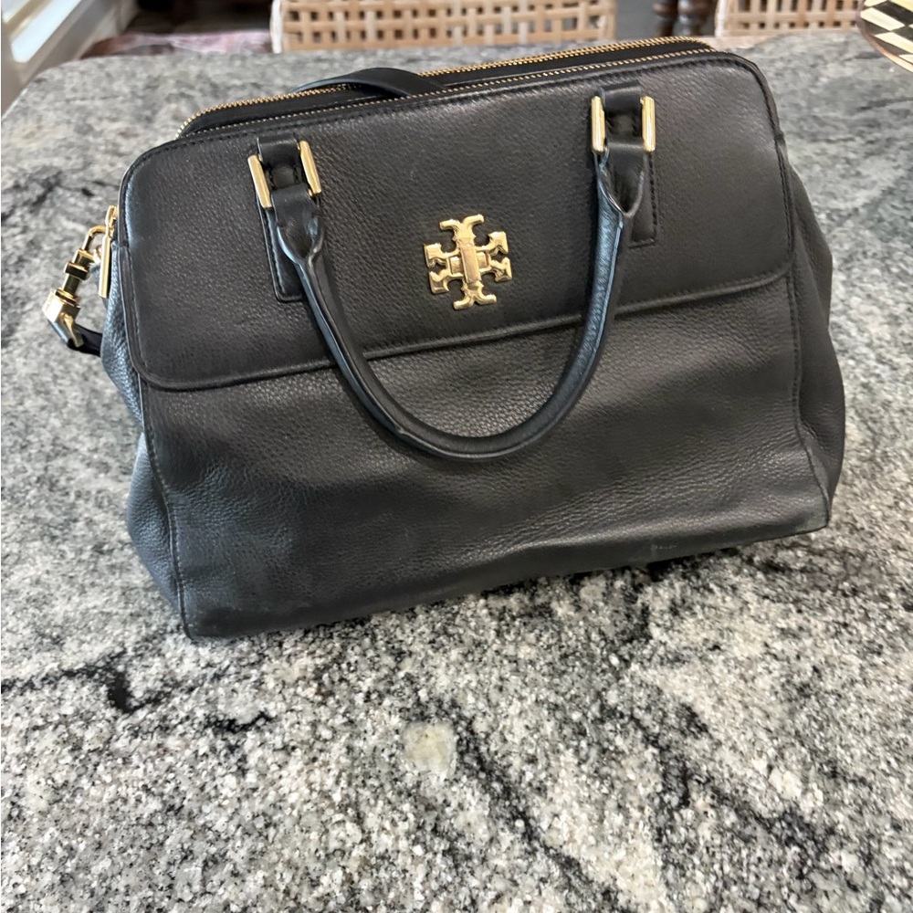 Tory Burch Black Leather Satchel with Gold Accents